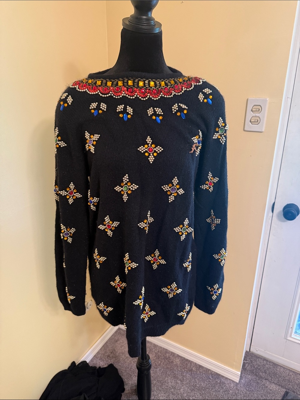 Black Embellished Beaded Crewneck Sweater